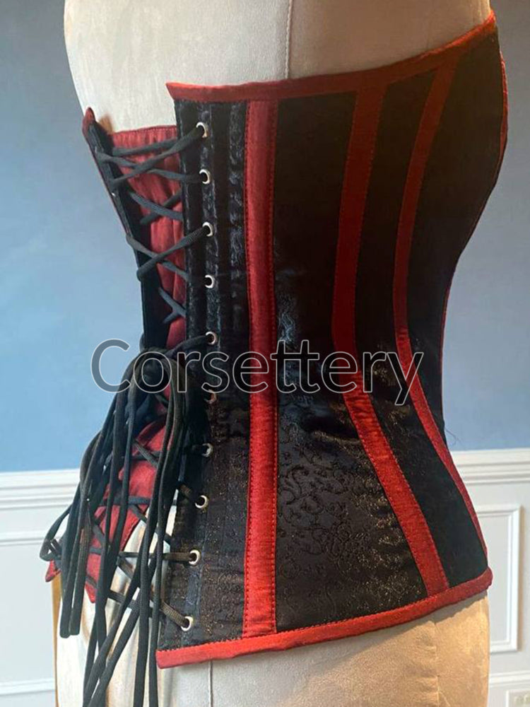 Classic black brocade corset with red taffeta and hidden busk. Gothic Victorian, steampunk affordable corset Corsettery