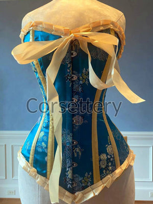 Bright blue brocade steampunk corset with ribbons and bow. Steel-boned corset for tightlacing. Prom, gothic, steampunk Victorian corset. Corsettery