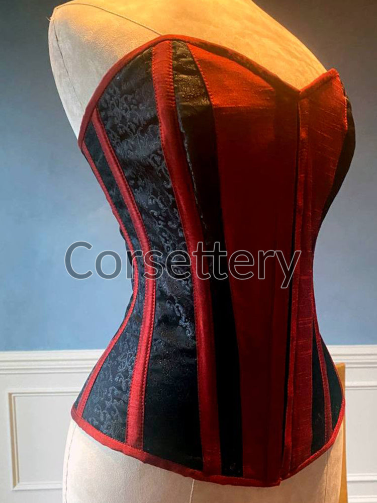 Classic black brocade corset with red taffeta and hidden busk. Gothic Victorian, steampunk affordable corset Corsettery